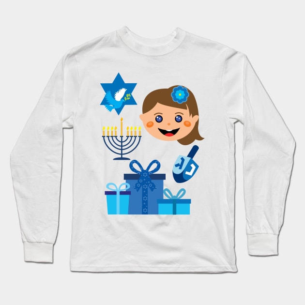 Happy Hanukkah with Jewish Girl with dreidel Long Sleeve T-Shirt by FK-UK